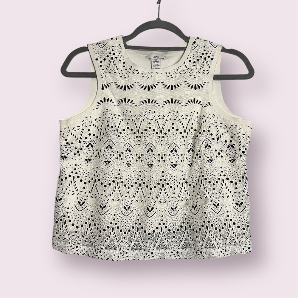 Bar III White and Black Boho Lace Tank Top Small